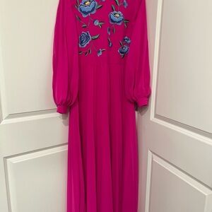 ASOS Fuchsia Long Sleeve Dress with Blue Floral Design